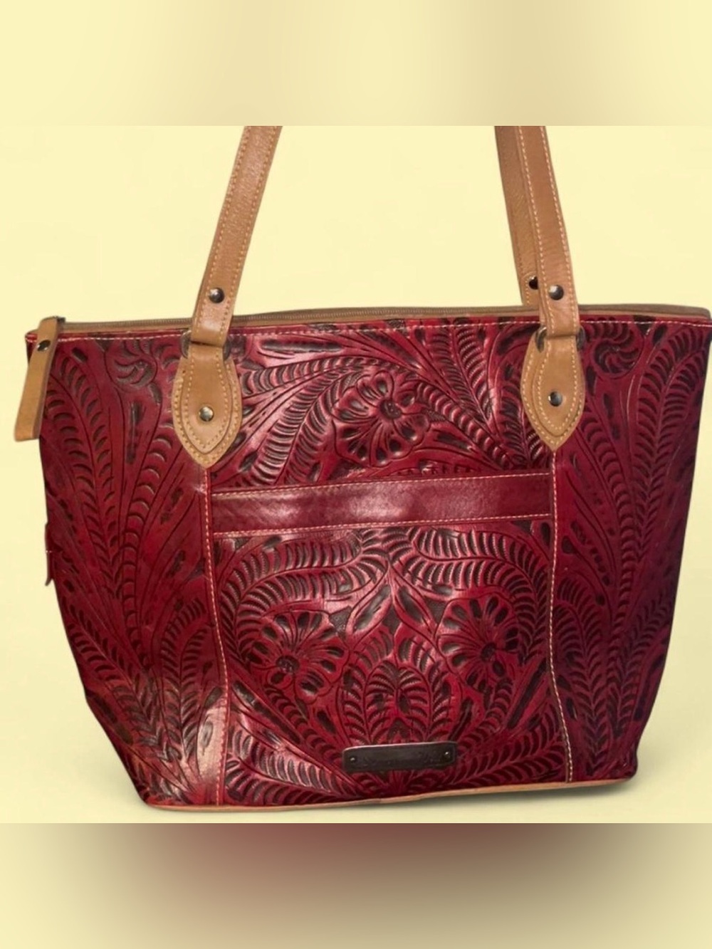 Women’s Tooled Leather Tote Bag in Deep Red with Tan Straps